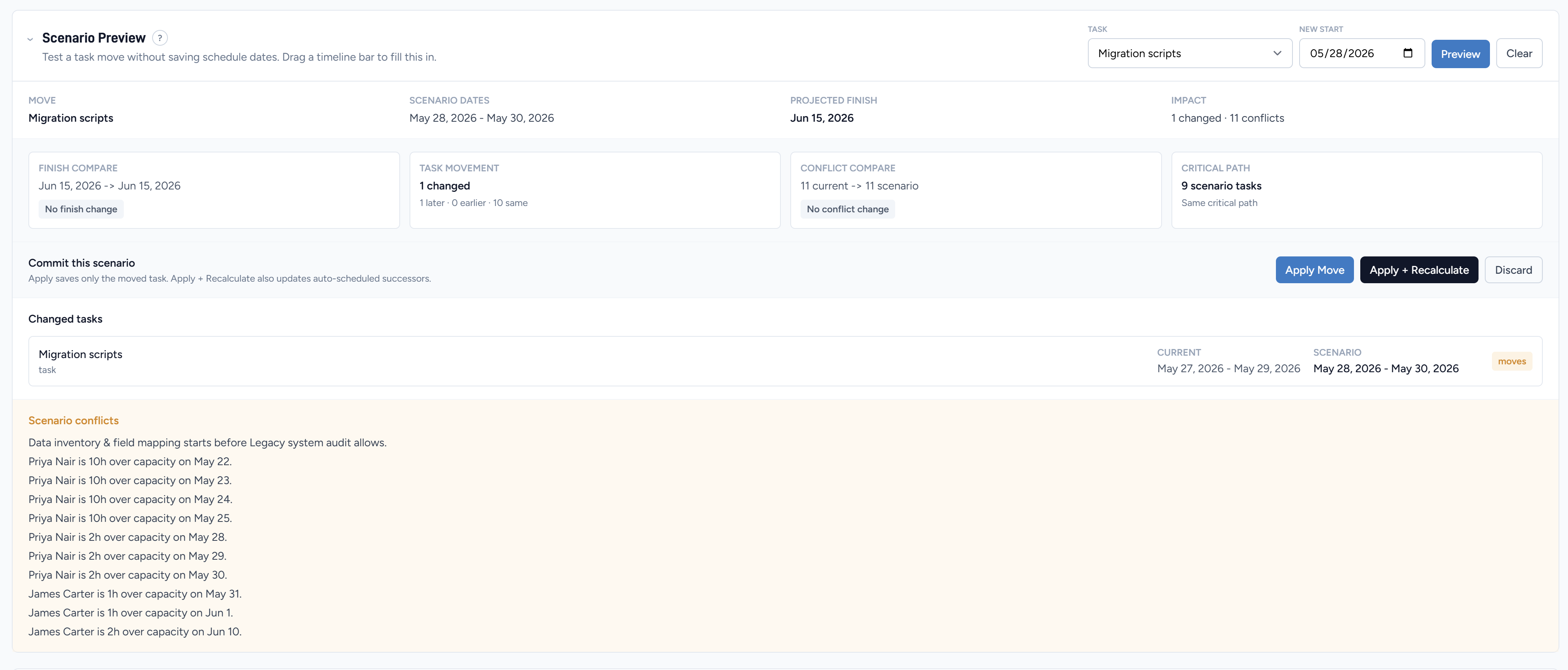 Scenario Preview panel showing a task move before committing schedule changes
